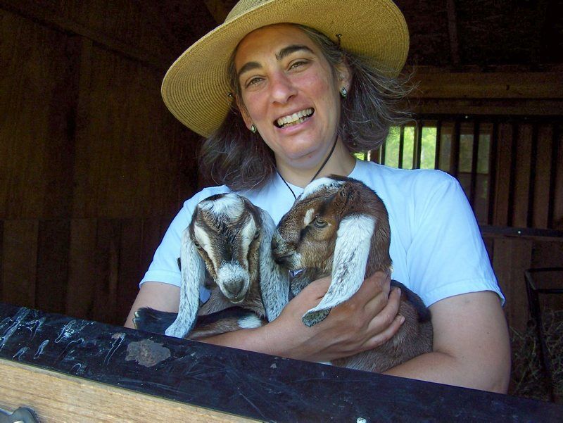 A woman holding two goats in her arms.